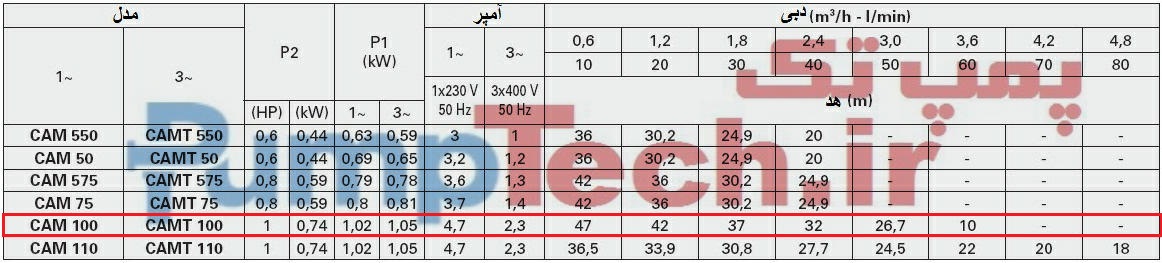 جدول اطلاعات فنی هیدرولیکی الکترو پمپ خودمکش سانتریفیوژی پنتاکس pentax CAM 100 